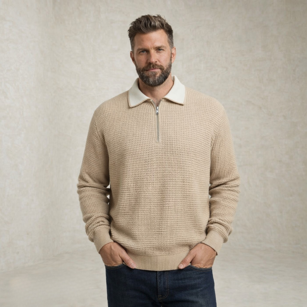 Alexander | Waffle Knit Collar Sweater with Zipper